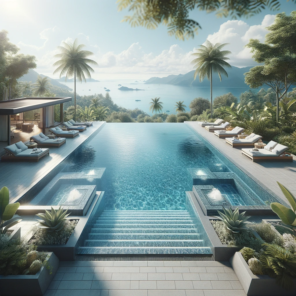Dall·e 2024 01 17 11.25.09 Imagen Realista De Una Lujosa Piscina Infinita En Un Entorno De Resort. La Fotografía Debe Mostrar Una Piscina Infinita Con Vistas Impresionantes, Com
