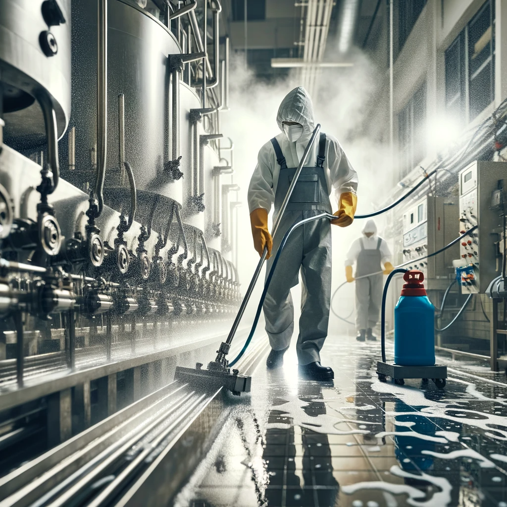 Dall·e 2024 01 19 10.41.15 Imagen Realista De Un Equipo De Limpieza Profesional Trabajando En Una Línea De Producción Industrial. La Fotografía Debe Mostrar A Los Trabajadores U