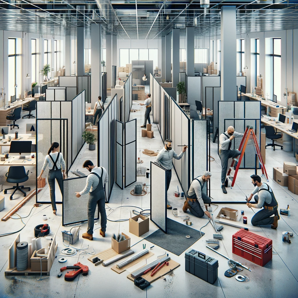Dall·e 2024 02 16 09.51.53 An Office Space Undergoing Renovations With A Focus On Functionality And Aesthetics. The Image Illustrates A Team Of Professionals Installing Modular